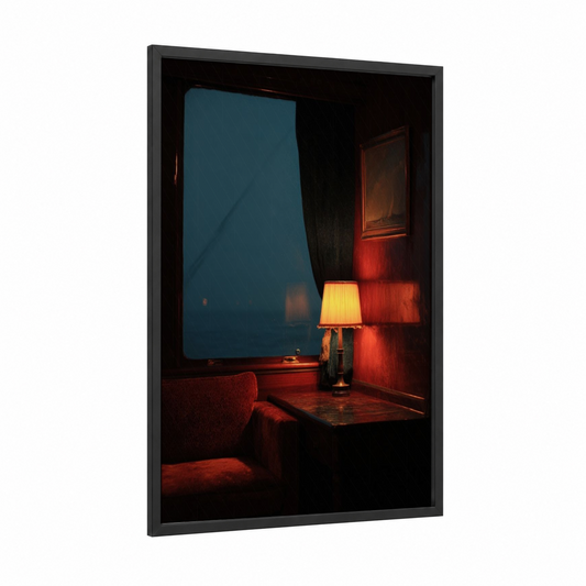 Cabin Night Glow framed yacth print — black wood frame — dark blue and red palette