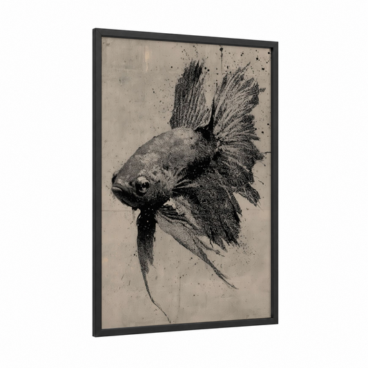 Ink Fighting Fish framed art print — black wood frame — black and black and white palette