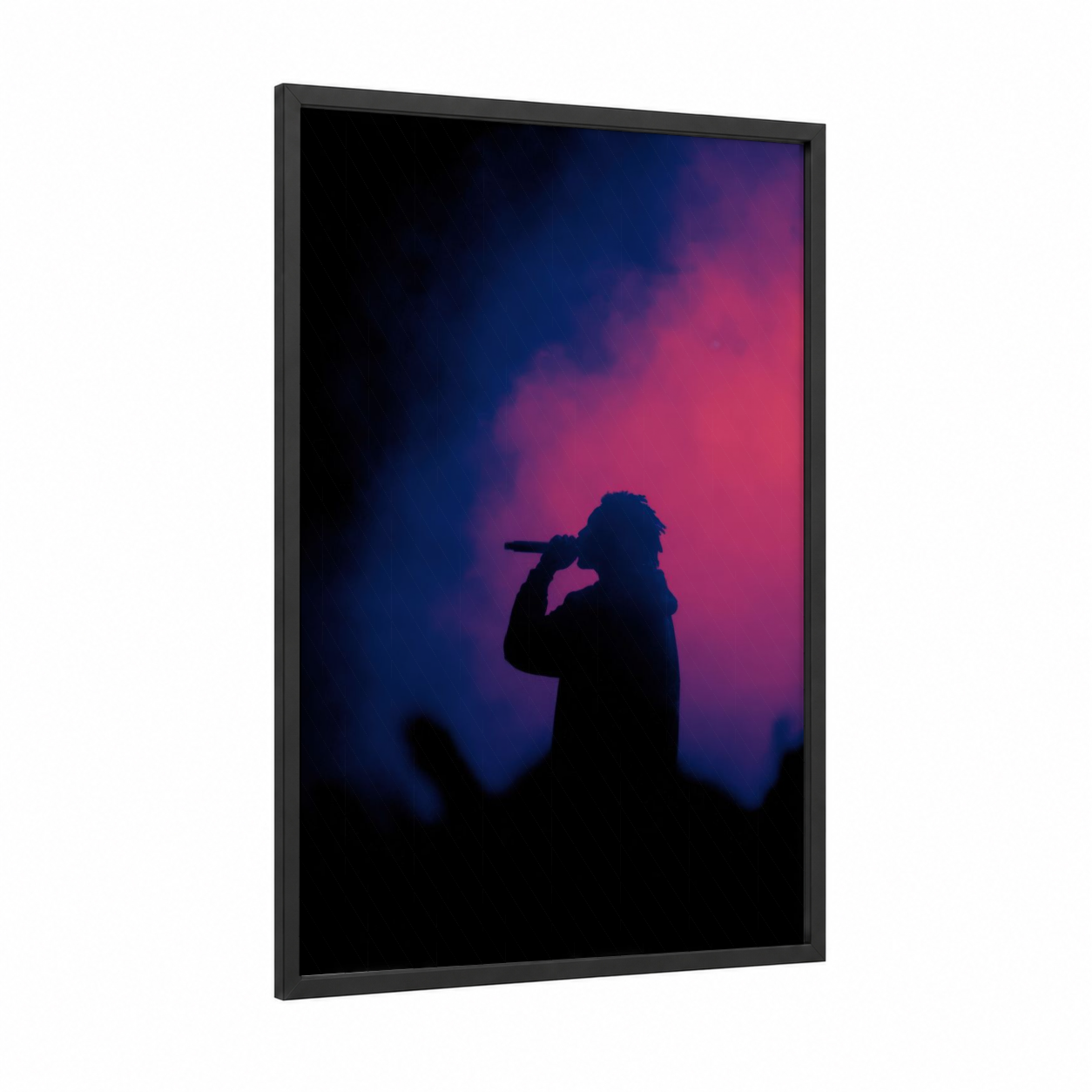 Stage Silhouette framed hiphop print — black wood frame — blue and magenta palette