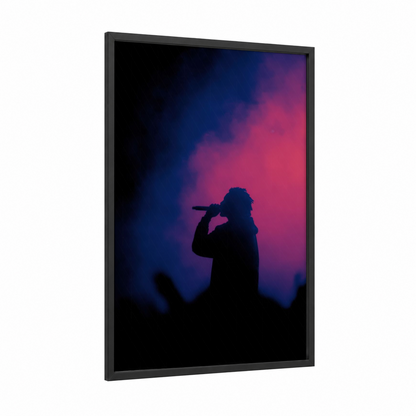 Stage Silhouette framed hiphop print — black wood frame — blue and magenta palette
