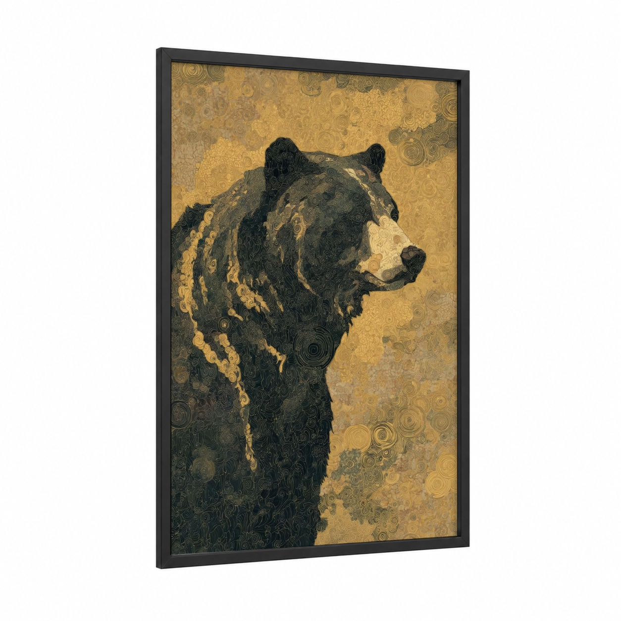 Golden Grizzly framed grizzly bear print — black wood frame — gold and black palette
