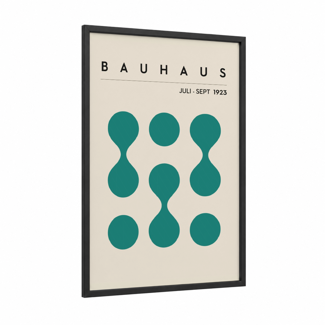 Bauhaus Circles framed abstract geometric print — black wood frame — teal and cream palette