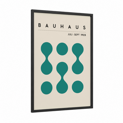 Bauhaus Circles framed abstract geometric print — black wood frame — teal and cream palette
