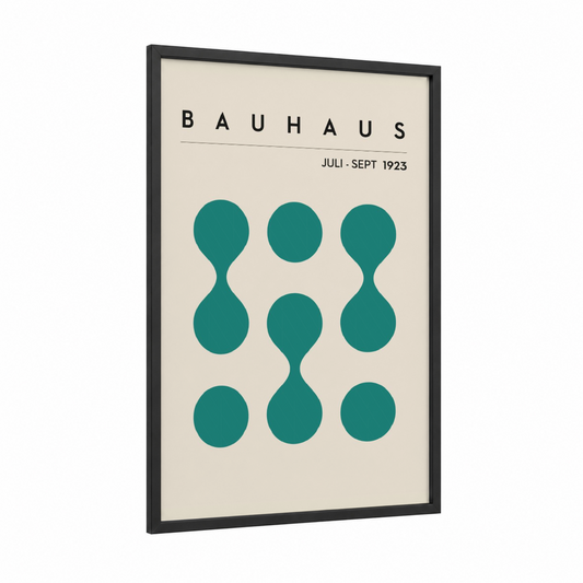 Bauhaus Circles framed abstract geometric print — black wood frame — teal and cream palette