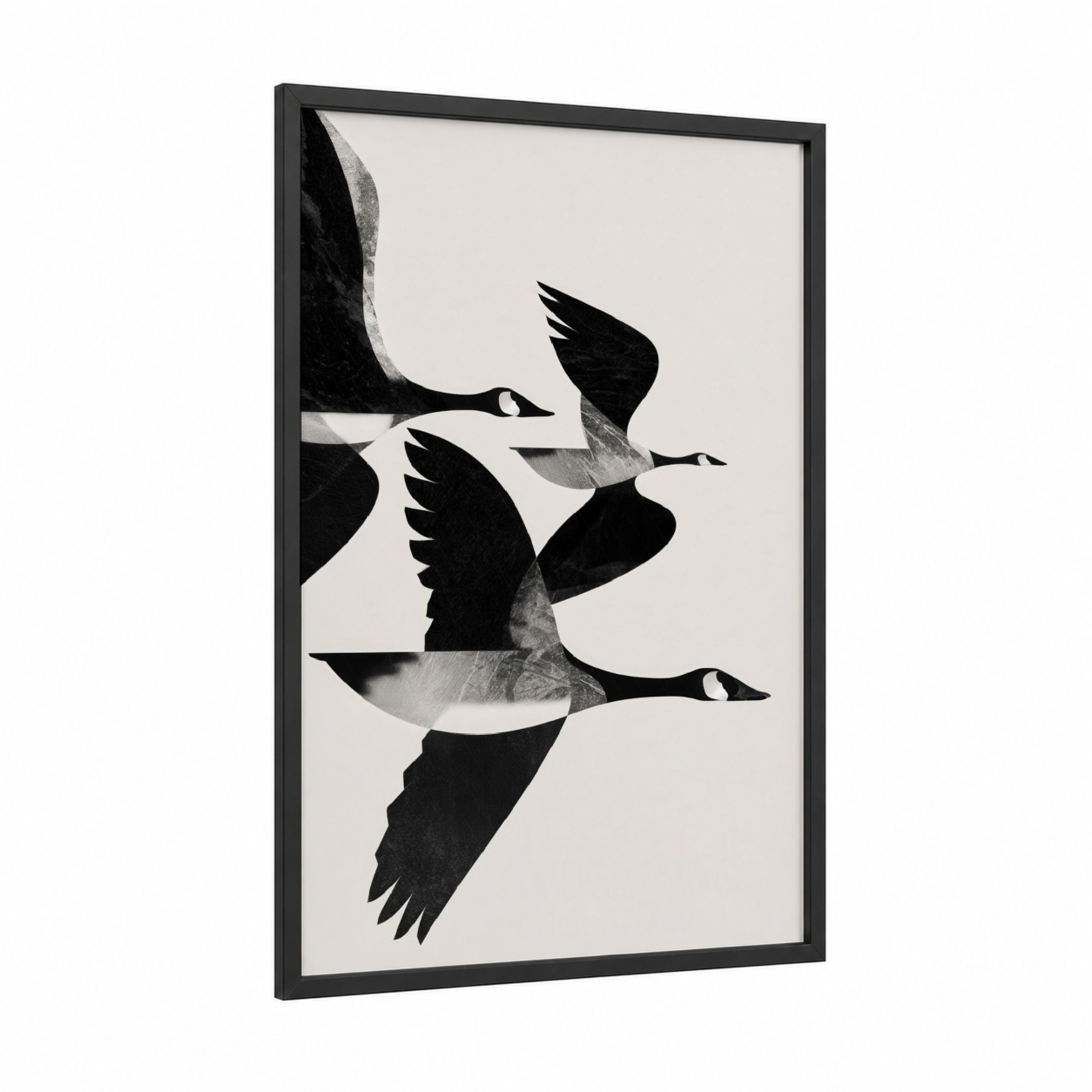 Flight Geese framed art print — black wood frame — black and white and gray palette