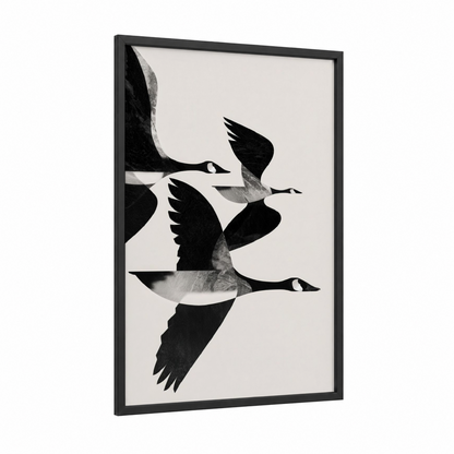 Flight Geese framed art print — black wood frame — black and white and gray palette