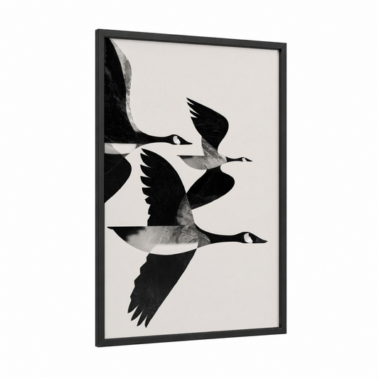 Flight Geese framed art print — black wood frame — black and white and gray palette