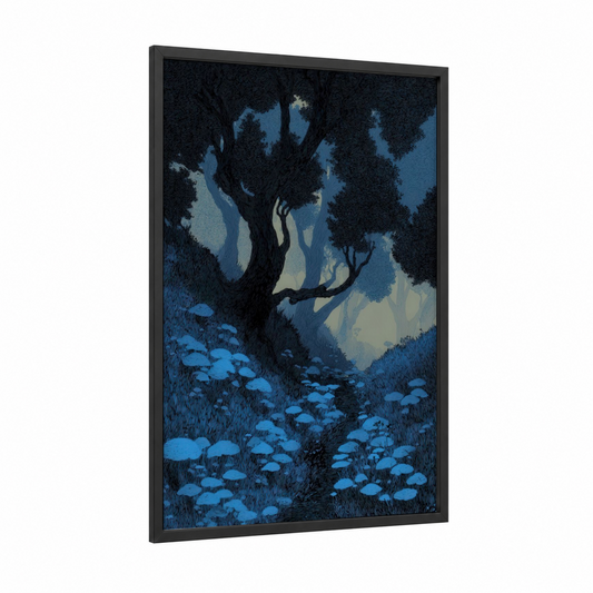 Moonlit Grove framed dark fantasy print — black wood frame — dark blue and black palette