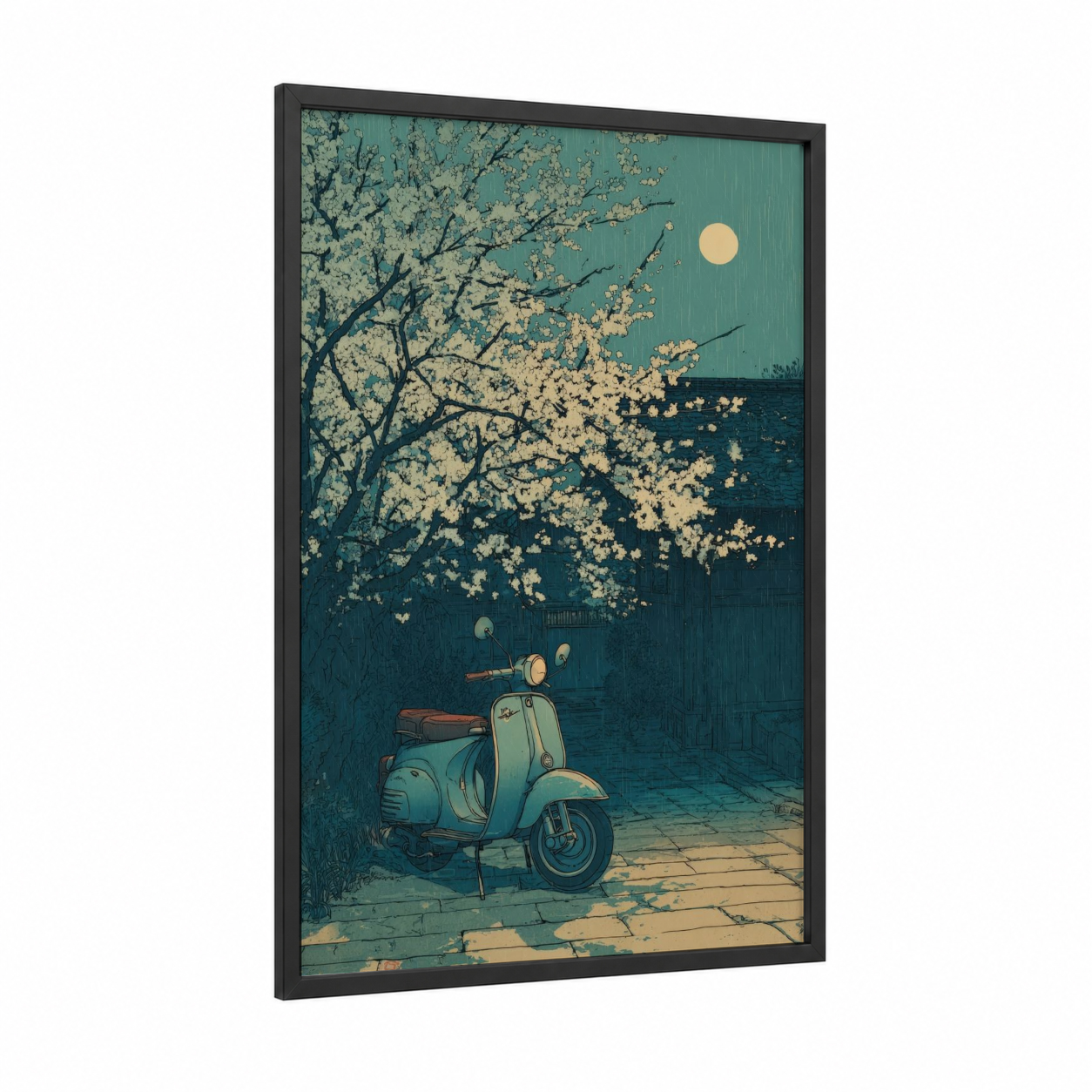 Moonlit Scooter framed art print — black wood frame — teal and cream palette