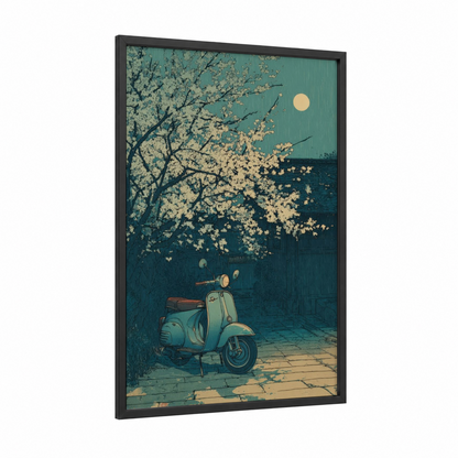Moonlit Scooter framed art print — black wood frame — teal and cream palette