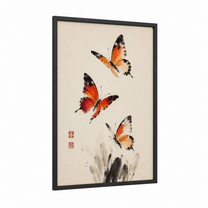 Japanese Butterfly Minimalist Wall Art framed art print — black wood frame — orange and black and white palette