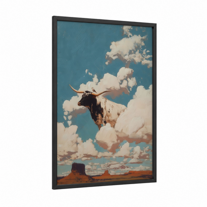 Dreaming Longhorn framed longhorn cow print — black wood frame — teal and cream palette