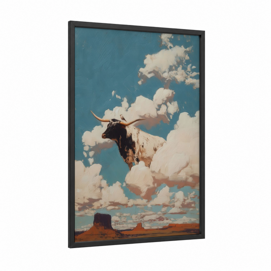 Dreaming Longhorn framed longhorn cow print — black wood frame — teal and cream palette