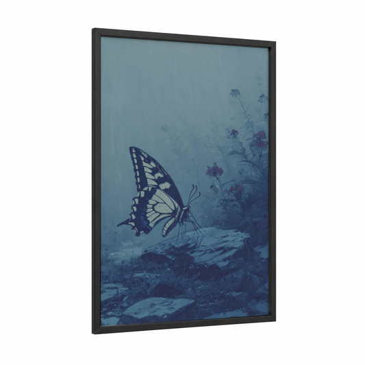 Misty Butterfly framed art print — black wood frame — blue and gray and white palette