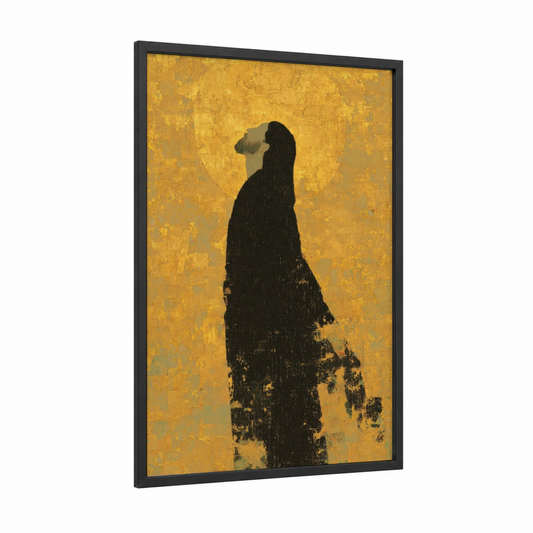 Contemplative Christ framed jesus christ print — black wood frame — yellow gold and black palette