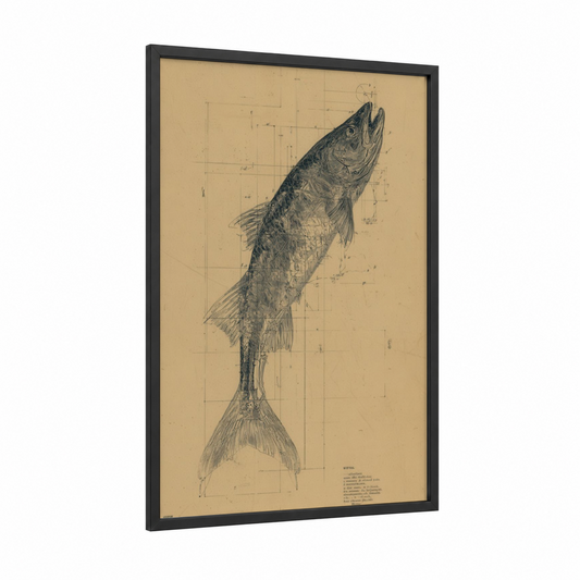 Technical Tarpon framed art print — black wood frame — beige and black and white palette