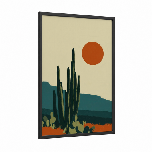 Desert Sunset Cactus framed art print — black wood frame — teal palette