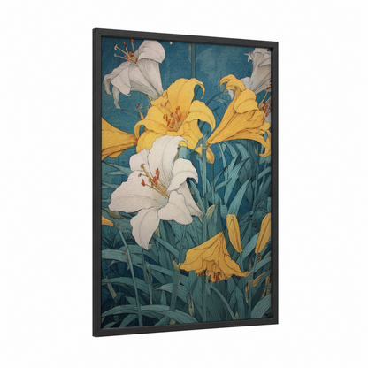 Golden Amarillys Bloom framed art print — black wood frame — teal and yellow gold palette
