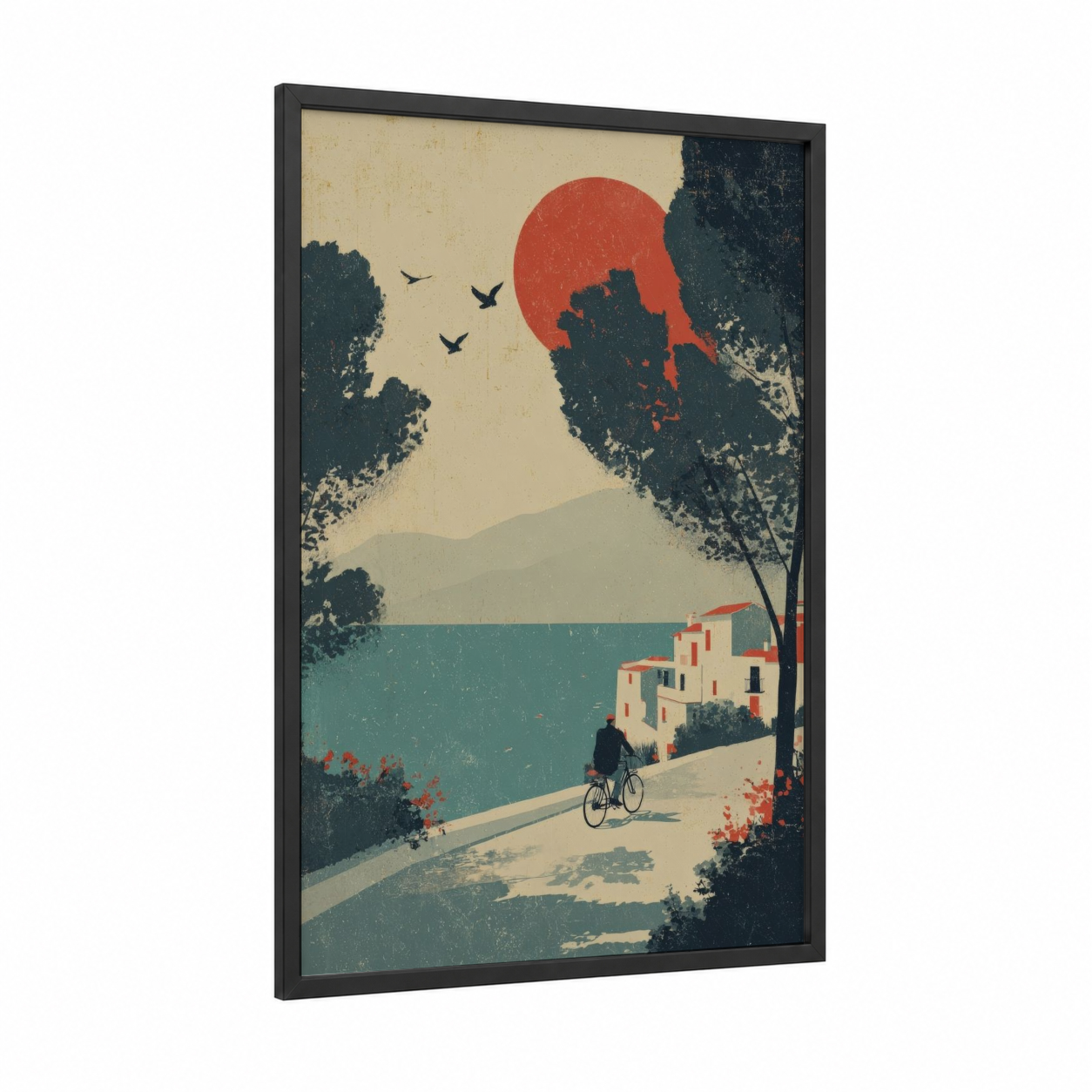 Lakeside Cyclist framed urban bicycle print — black wood frame — teal and red palette