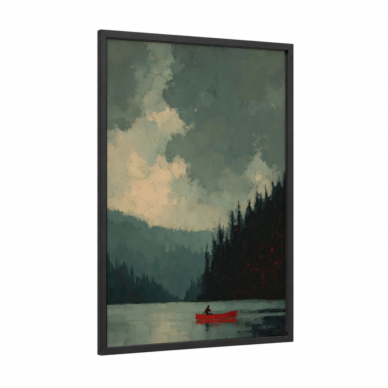 Solitude Paddling framed canoeing and kayaking print — black wood frame — dark green and cream palette