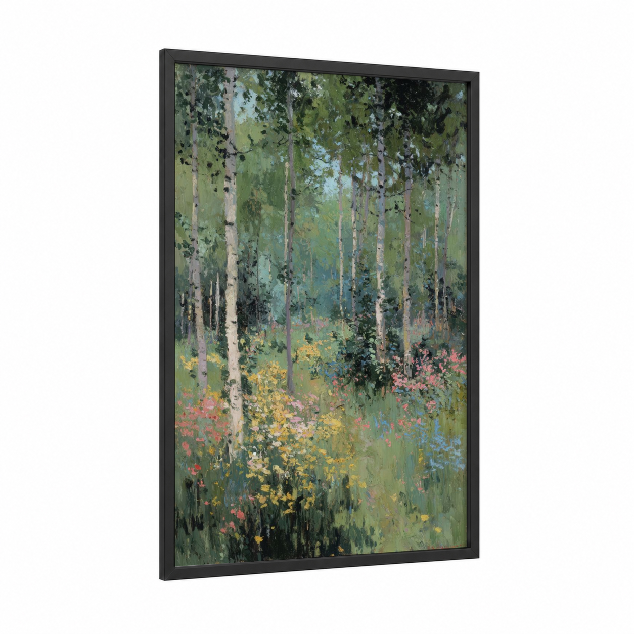 Birch Forest Bloom framed birch tree print — black wood frame — light green and blue and yellow palette
