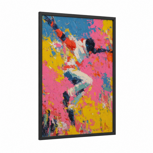 Urban Motion framed parkour print — black wood frame — magenta and yellow gold palette