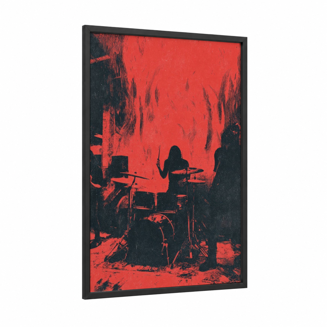 Inferno Drummer framed death metal print — black wood frame — red and black palette