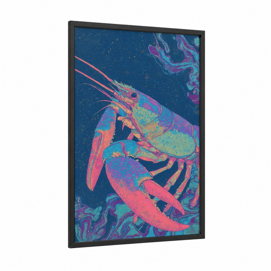 Neon Crayfish framed art print — black wood frame — magenta and turquoise palette