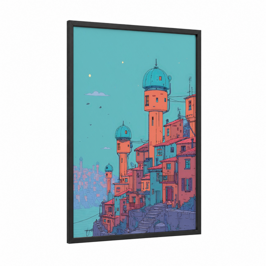 Retro Sci-Fi Tower framed comic books print — black wood frame — turquoise and salmon pink palette