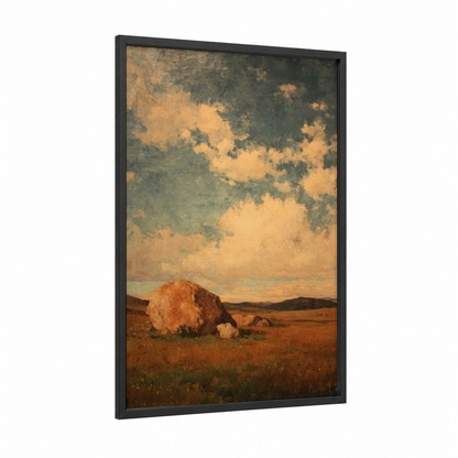 Desert Boulder framed natural stones print — black wood frame — gold and russet palette