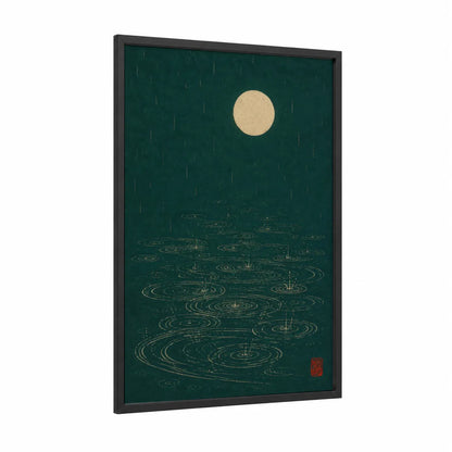 Moonlit Rain River Wall Art framed art print — black wood frame — dark green and cream palette