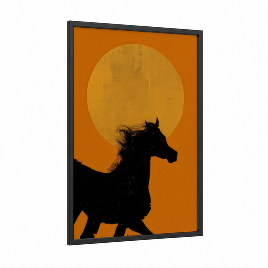 Golden Hour Arabian framed arabian horse print — black wood frame — orange and black palette