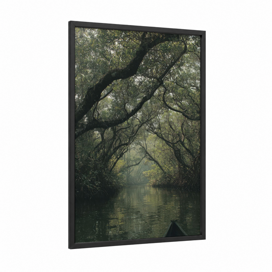 Mangrove Waterway framed art print — black wood frame — dark green and gray palette