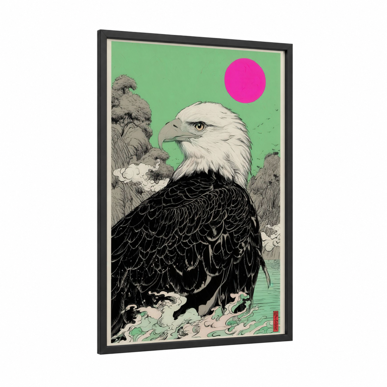 Magenta Moon Eagle framed art print — black wood frame — light green and magenta palette