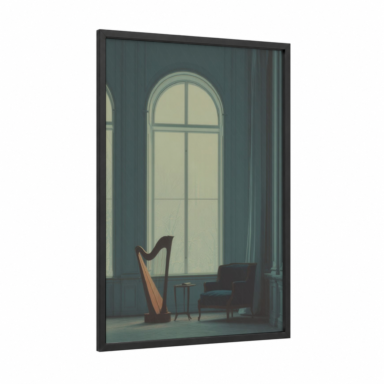 Sunlit Harp framed art print — black wood frame — sage green and dove gray palette