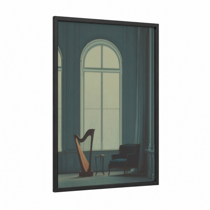 Sunlit Harp framed art print — black wood frame — sage green and dove gray palette