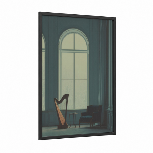Sunlit Harp framed art print — black wood frame — sage green and dove gray palette