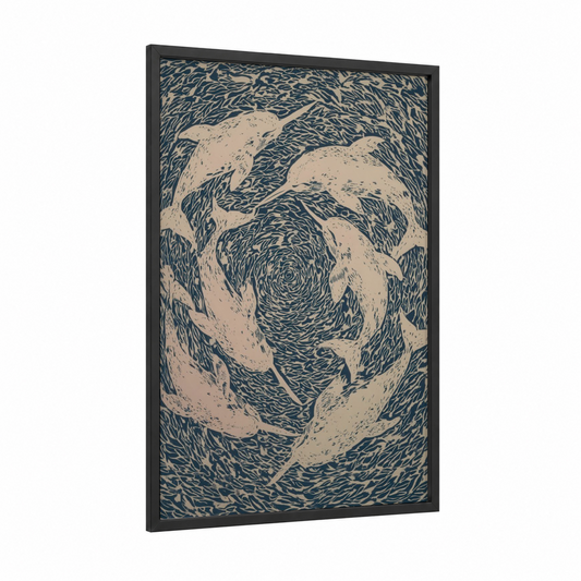 Spiraling Narwhals framed art print — black wood frame — cream and dark blue palette