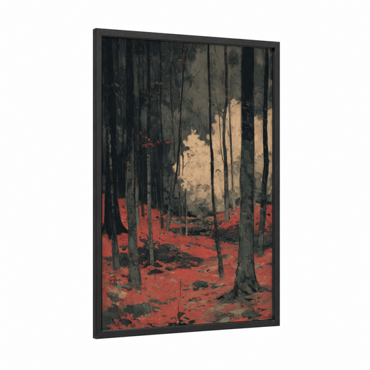 Crimson Forest Floor framed autumn print — black wood frame — black and russet palette