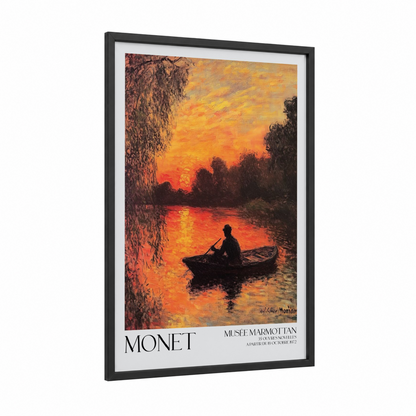 Golden Sunset Rowing framed sunrise and sunset print — black wood frame — gold and orange palette