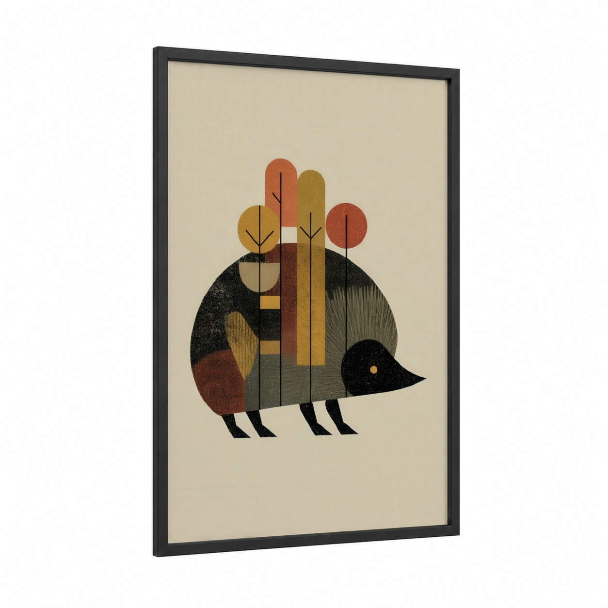 Autumn Hedgehog framed art print — black wood frame — gold palette