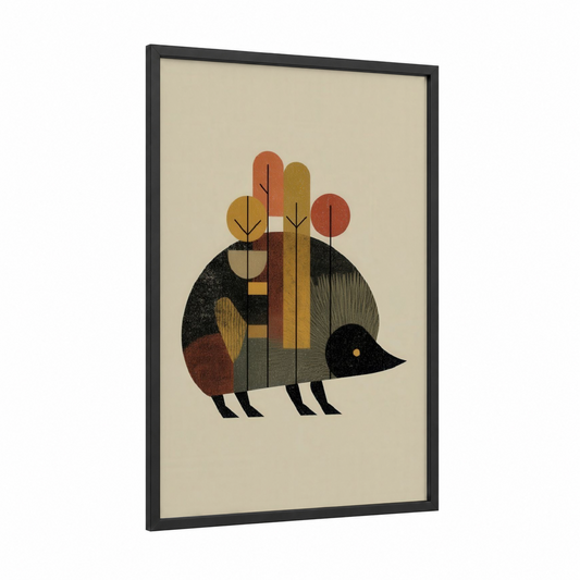 Autumn Hedgehog framed art print — black wood frame — gold palette