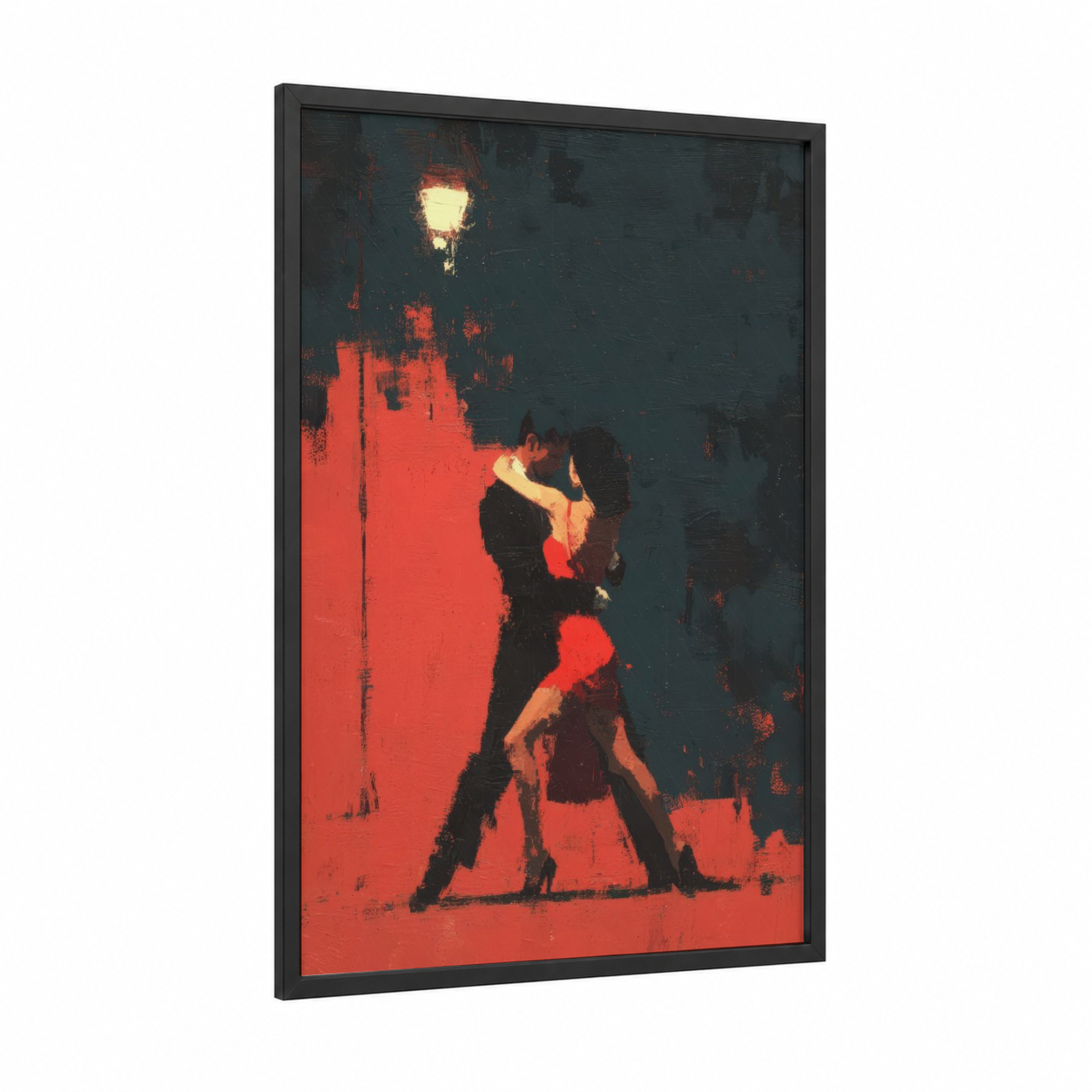 Moonlit Ballroom framed ballroom dance print — black wood frame — red and dark blue palette