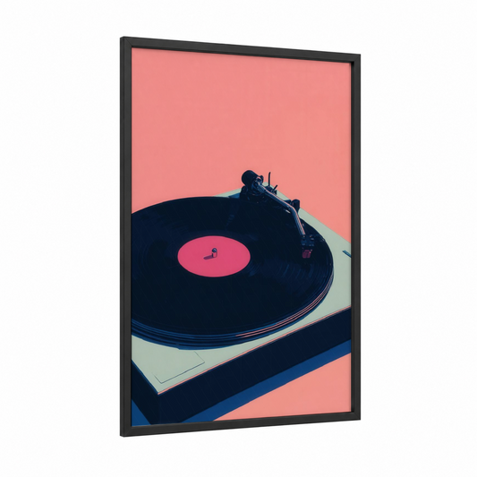 Neon Turntable framed vinyl records print — black wood frame — salmon pink and dark blue palette