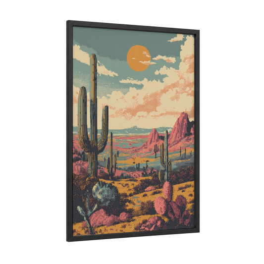 Desert Saguaro Sunset framed cactus print — black wood frame — orange and teal palette
