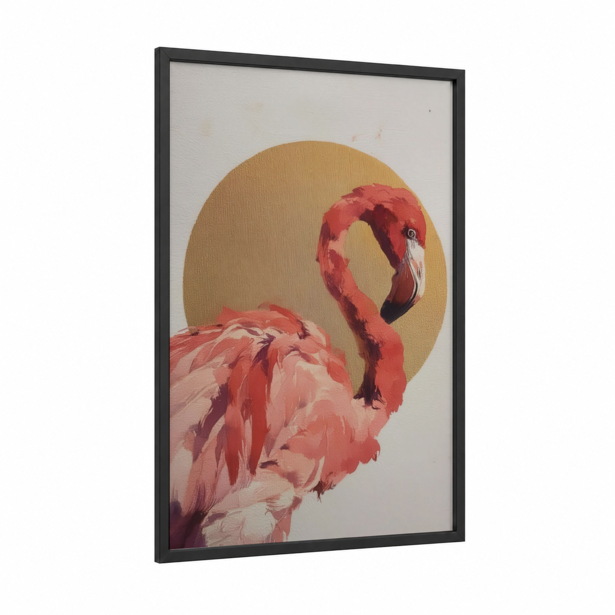 Golden Flamingo framed art print — black wood frame — gold and salmon pink palette