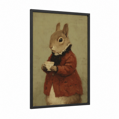 Vintage Tea Squirrel framed art print — black wood frame — russet and cream palette