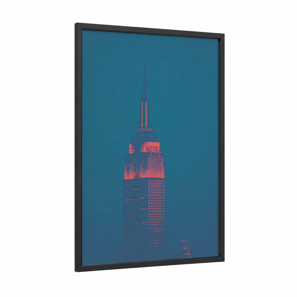 Neon Empire framed empire state building print — black wood frame — teal and magenta palette