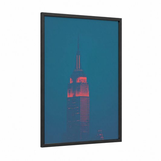 Neon Empire framed empire state building print — black wood frame — teal and magenta palette