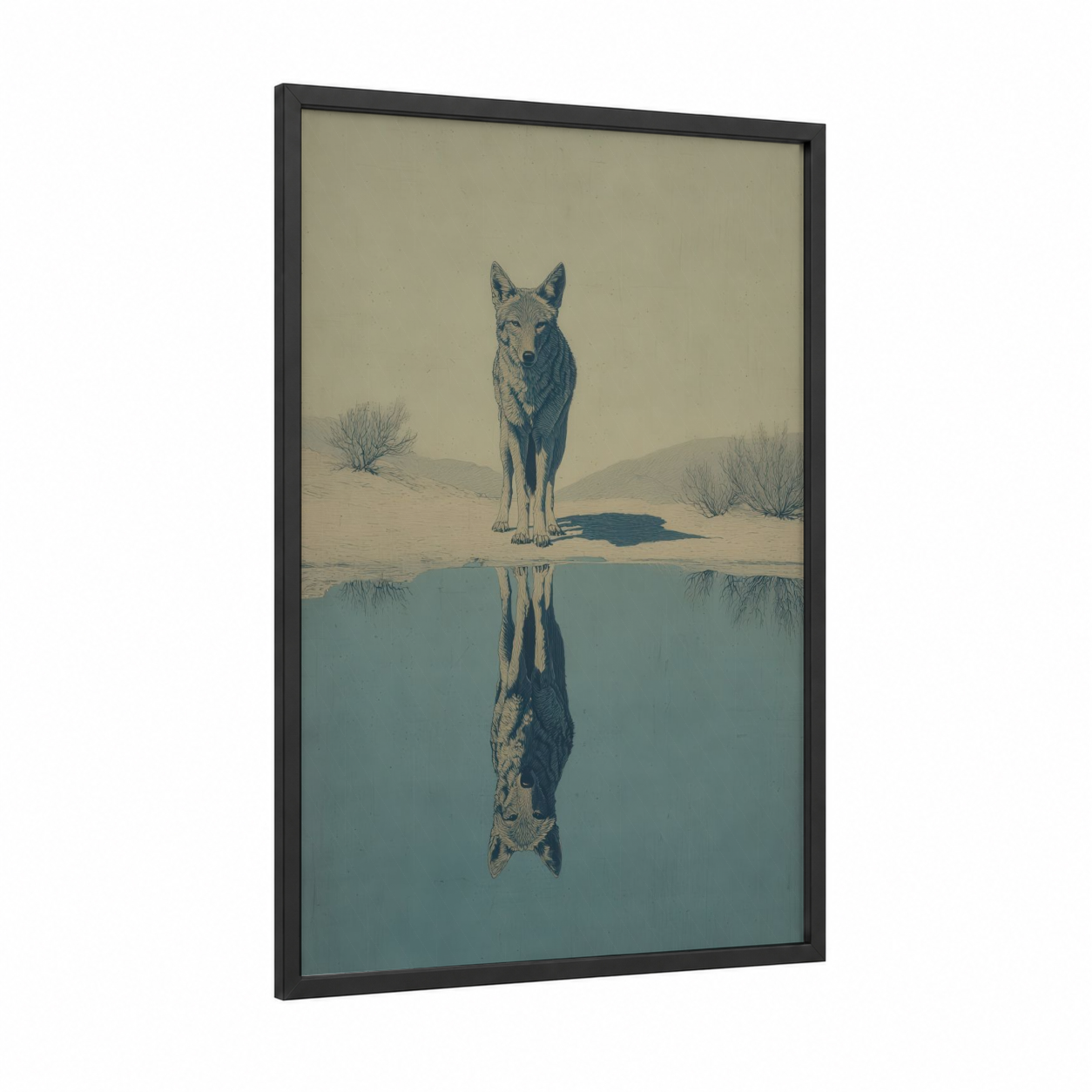 Desert Coyote Reflection framed art print — black wood frame — sage green and teal palette